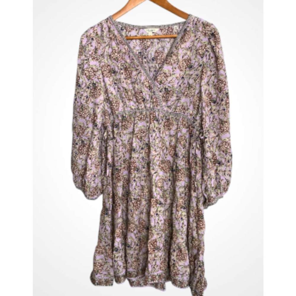 Max Studio Lavender Floral Long Sleeve V-Neck Short Dress Small